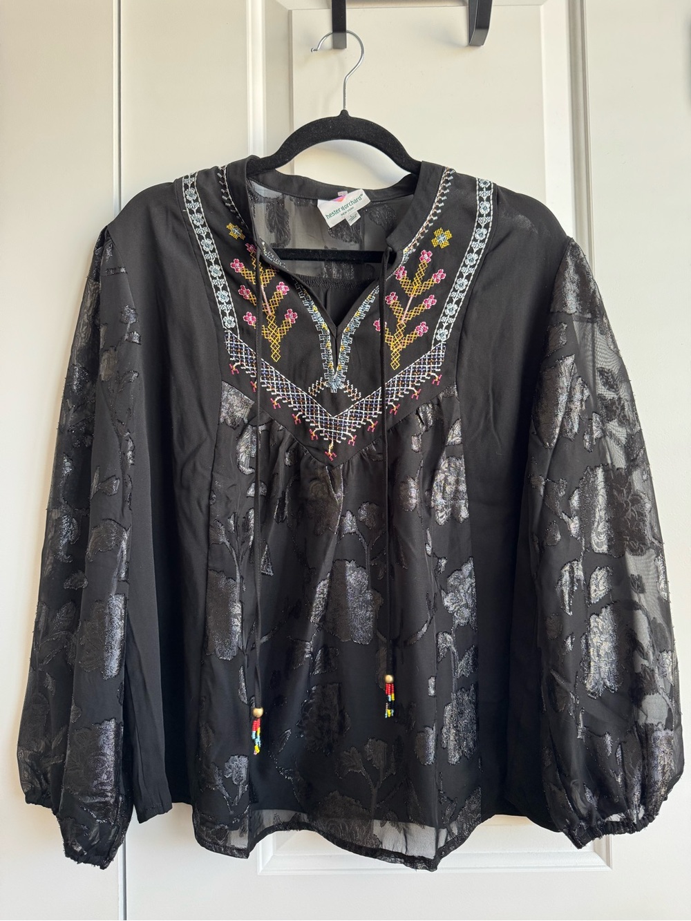 Hester & Orchard Black Sheer Metallic Burnout Embroidered Top L